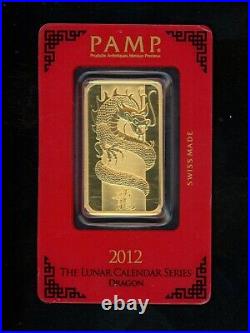 PAMP Suisse Swiss 2012 1 OZ. GOLD. 9999 LUNAR Series Year of Dragon w Assay Card
