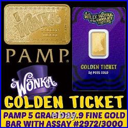 Pamp 5 Gram 999.9 Fine Gold Willy Wonka Golden Ticket Bar W Assay #2972/3000