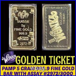 Pamp 5 Gram 999.9 Fine Gold Willy Wonka Golden Ticket Bar W Assay #2972/3000