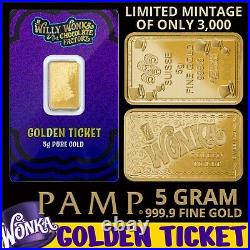 Pamp 5 Gram 999.9 Fine Gold Willy Wonka Golden Ticket Bar W Assay #2972/3000