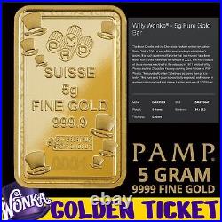 Pamp 5 Gram 999.9 Fine Gold Willy Wonka Golden Ticket Bar W Assay #2972/3000