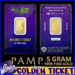 Pamp 5 Gram 999.9 Fine Gold Willy Wonka Golden Ticket Bar W Assay #2972/3000