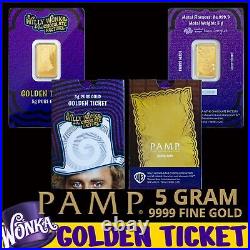 Pamp 5 Gram 999.9 Fine Gold Willy Wonka Golden Ticket Bar W Assay #2972/3000