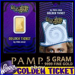 Pamp 5 Gram 999.9 Fine Gold Willy Wonka Golden Ticket Bar W Assay #2972/3000