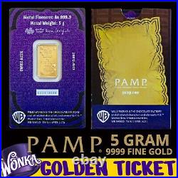 Pamp 5 Gram 999.9 Fine Gold Willy Wonka Golden Ticket Bar W Assay #2972/3000