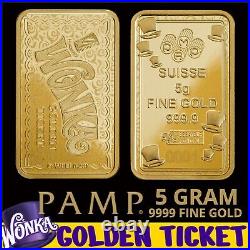 Pamp 5 Gram 999.9 Fine Gold Willy Wonka Golden Ticket Bar W Assay #2972/3000