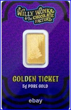 Pamp 5 Gram 999.9 Fine Gold Willy Wonka Golden Ticket Bar W Assay #2972/3000