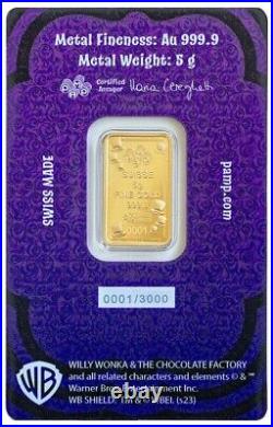 Pamp 5 Gram 999.9 Fine Gold Willy Wonka Golden Ticket Bar W Assay #2972/3000