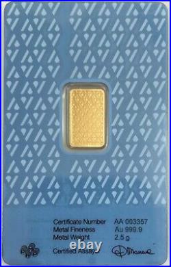Pamp Acre Gold Swiss 2.5 Grams. 9999 Fine Bar Sealed Assay Coa Card In Box