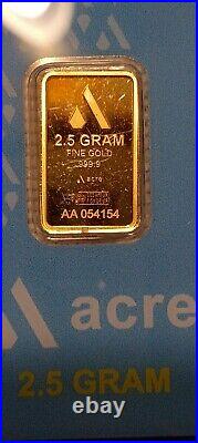 Pamp Acre Gold Swiss 2.5 Grams. 9999 Fine Bar Sealed In Assay Coa Card