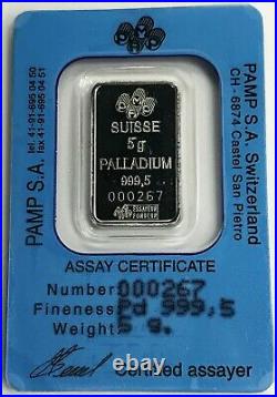 Pamp Palladium Swiss Statue Of Liberty 5 Gram. 9995 Fine Bar Sealed Assay Card