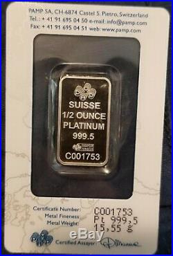 Pamp Suisse 1/2 Oz Platinum Bar 999.5 Pure Bullion Assayed Sealed in Plastic