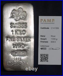 Pamp Suisse 1 Kilo. 999 Silver Bar With Certificate Lot 300447