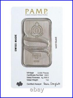 Pamp Suisse 1 oz Silver Bar Natures Grip Hologram Sunbeam Snake Assay