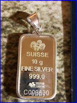 Pamp Suisse 10 gram Silver Bar Pendant Lady Fortuna Rare + 45th Ann. Bar