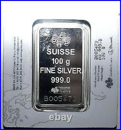 Pamp Suisse 100 gram. 999 Encapsulated Lady Fortuna Silver Bar WithAssay #B005472