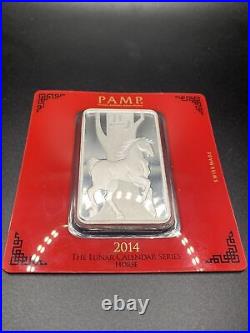 Pamp Suisse 2014 Lunar Year of the Horse 100g. 999 Fine Silver Bar in Assay Card