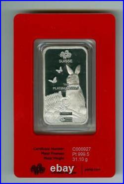 Pamp Suisse 2023 Lunar Year Of The Rabbit 1 Oz 999.5 Platinum Bar In Assay Card