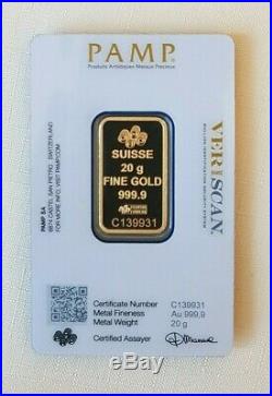 Pamp Suisse 20g Fine Gold Bar 999.9 Solid Gold Bar NEW & SEALED