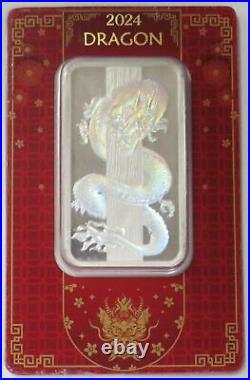 Pamp Suisse 50 Gram Silver. 999 Fine Lunar Dragon Hologram Prooflike Bar