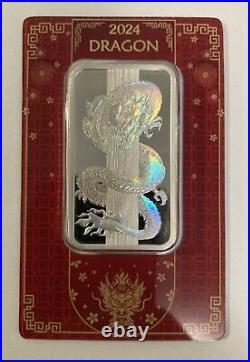 Pamp Suisse 50 Gram Silver. 999 Fine Lunar Dragon Hologram Prooflike Bar