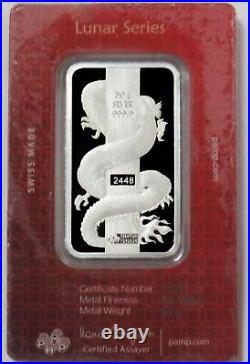 Pamp Suisse 50 Gram Silver. 999 Fine Lunar Dragon Hologram Prooflike Bar