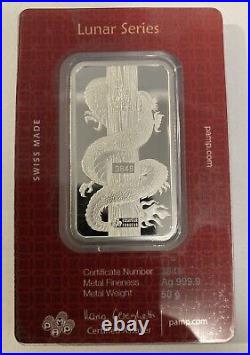 Pamp Suisse 50 Gram Silver. 999 Fine Lunar Dragon Hologram Prooflike Bar