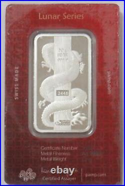 Pamp Suisse 50 Gram Silver. 999 Fine Lunar Dragon Hologram Prooflike Bar