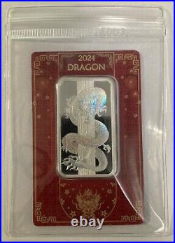 Pamp Suisse 50 Gram Silver. 999 Fine Lunar Dragon Hologram Prooflike Bar