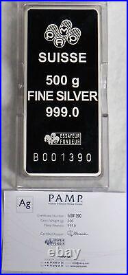 Pamp Suisse 500 Gram Silver Bar 1/2 Kilo 999 Fine Bar In Plastic Case & Assay