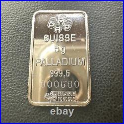 Pamp Suisse 5g 999.5 Lady Liberty Palladium Serial 000680 RARE VINTAGE BAR