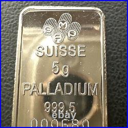 Pamp Suisse 5g 999.5 Lady Liberty Palladium Serial 000680 RARE VINTAGE BAR