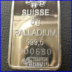 Pamp Suisse 5g 999.5 Lady Liberty Palladium Serial 000680 RARE VINTAGE BAR