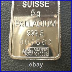 Pamp Suisse 5g 999.5 Lady Liberty Palladium Serial 000680 RARE VINTAGE BAR