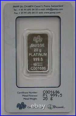 Pamp Suisse. 9995 Platinum 20 Gram Bar in Original Assay Card