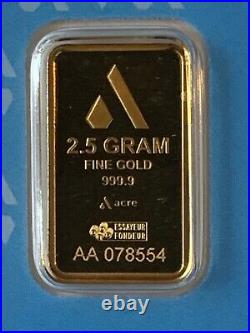 Pamp Suisse. 9999 Gold Bullion 2.5 Gram Bar Acre 2020 COA Carded