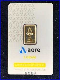 Pamp Suisse. 9999 Gold Bullion 5 Gram Bar Acre 2020 COA Carded