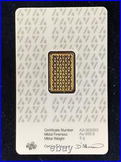 Pamp Suisse. 9999 Gold Bullion 5 Gram Bar Acre 2020 COA Carded