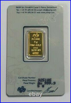 Pamp Suisse Fortuna 5 Grams. 9999 Fine Gold Bar, Low Serial # 925185