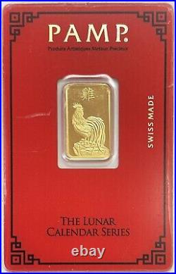 Pamp Suisse Gold 5 Gram 999.9 Lunar Rooster Bar Sealed Assay Certificate