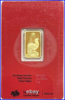 Pamp Suisse Gold 5 Gram 999.9 Lunar Rooster Bar Sealed Assay Certificate