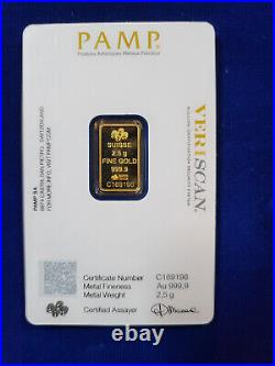 Pamp Suisse Gold Swiss 2.5 g GRAMS. 9999 BAR SEALED ASSAY COA CARD
