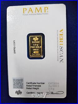 Pamp Suisse Gold Swiss 2.5 g GRAMS. 9999 BAR SEALED ASSAY COA Veriscan CARD
