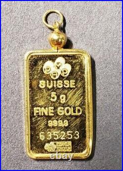 Pamp Suisse Lady Fortuna 5 Gram 9999 Fine Gold Bar Set in 14k Gold Pendant