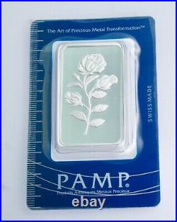 Pamp Suisse Rose 50 Gram. 999 Silver Bar with Assay Card BU, SEALED