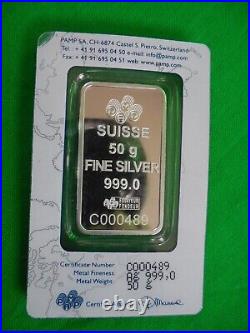 Pamp Suisse Rose 50 g Bar. 999 Silver in Assay Low Serial Number