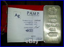 Pamp Suisse Silver 1 Kilo Bar With Assay Certificte 999.0 Fine Silver