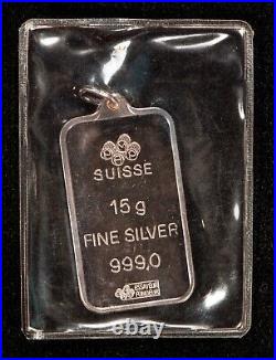 RARE 15 gram Silver PAMP Suisse Bar Saudi Arabia Emblem Pendant -Sealed- F7790