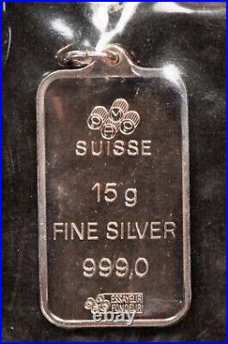 RARE 15 gram Silver PAMP Suisse Bar Saudi Arabia Emblem Pendant -Sealed- F7790