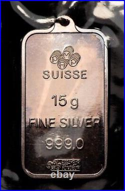 RARE 15 gram Silver PAMP Suisse Bar Saudi Arabia Emblem Pendant -Sealed- F7790